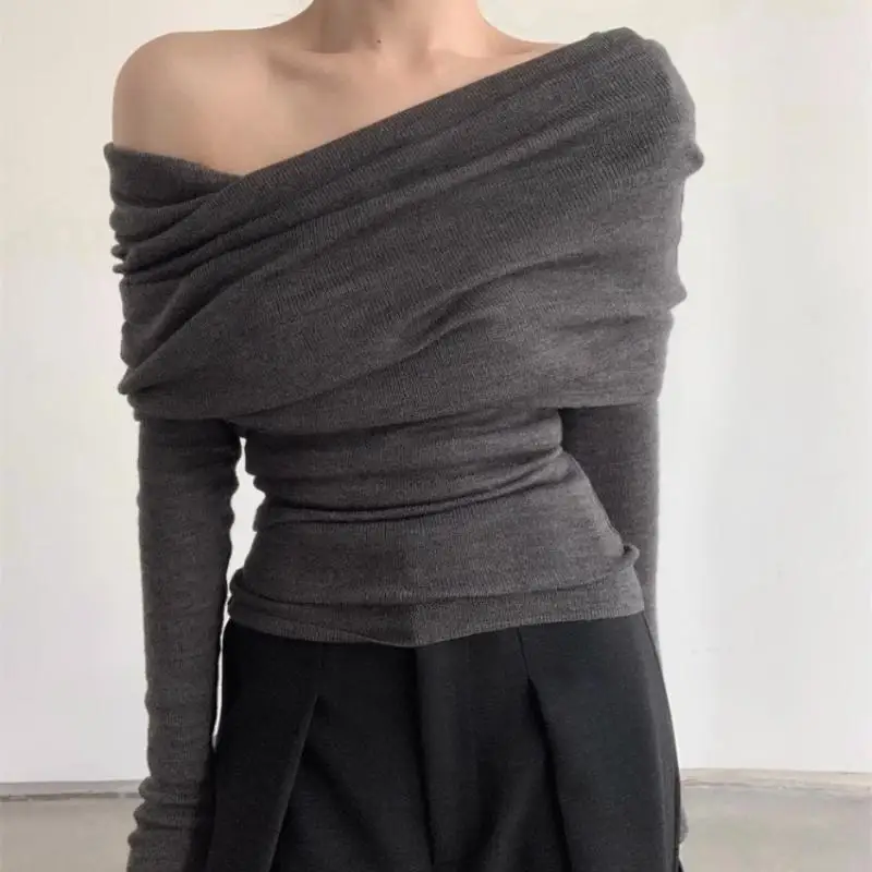 

GELITAYIN Autumn Sexy One Shoulder Pullover Sweaters Women Off Shoulder Long Sleeved Knitted Sweater Woman Elegant Casual Winter
