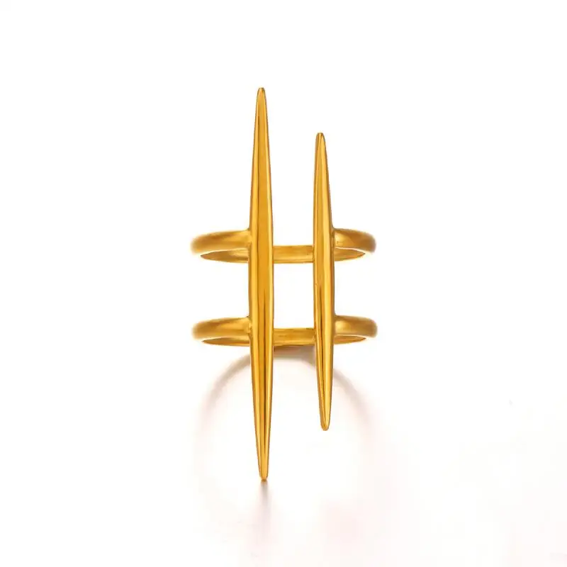 خاتم عتيق مطلي بالذهب عيار 18 قيراط من الفولاذ المقاوم للصدأ موازي بخط مزدوج مجوف ومفتوح النهاية للنساء مجوهرات يومية مضادة للحساسية