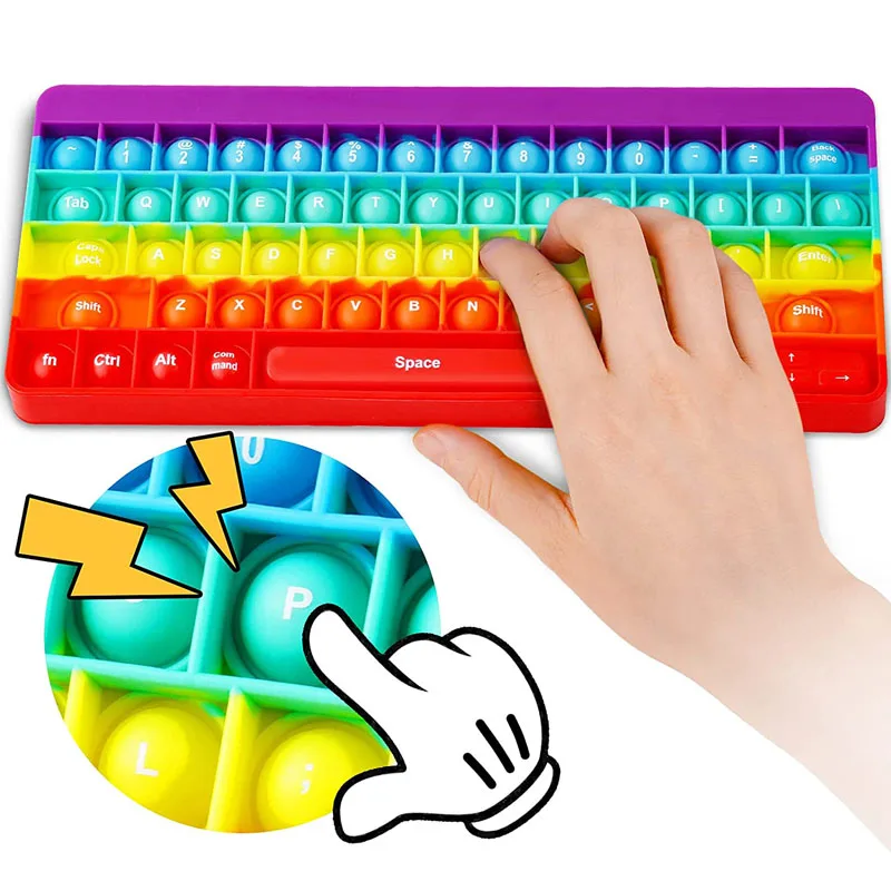 Rainbow Keyboard Silicone Squeeze Push Bubble Fidget Sensory Anxiety & Stress Reliever Autism ADHD Toys Party Favors Gifts