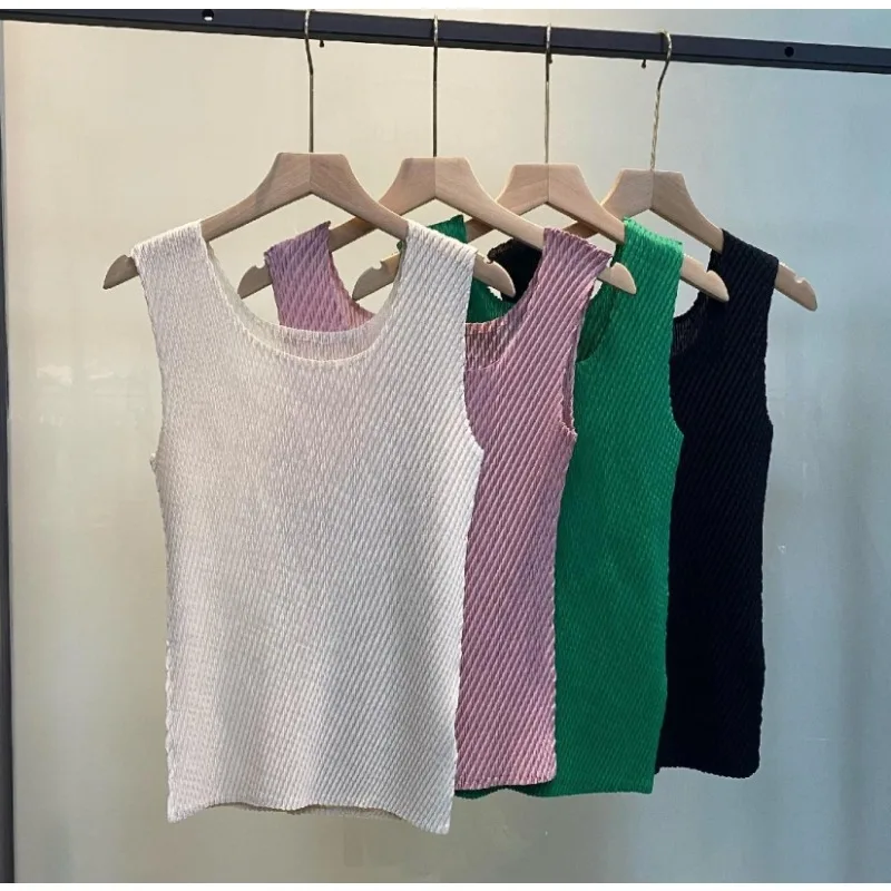 

Miyake однотонная майка женская летняя новая универсальная тонкая высокоэластичная нижняя рубашка простая повседневная одежда для отдыха и прогулок