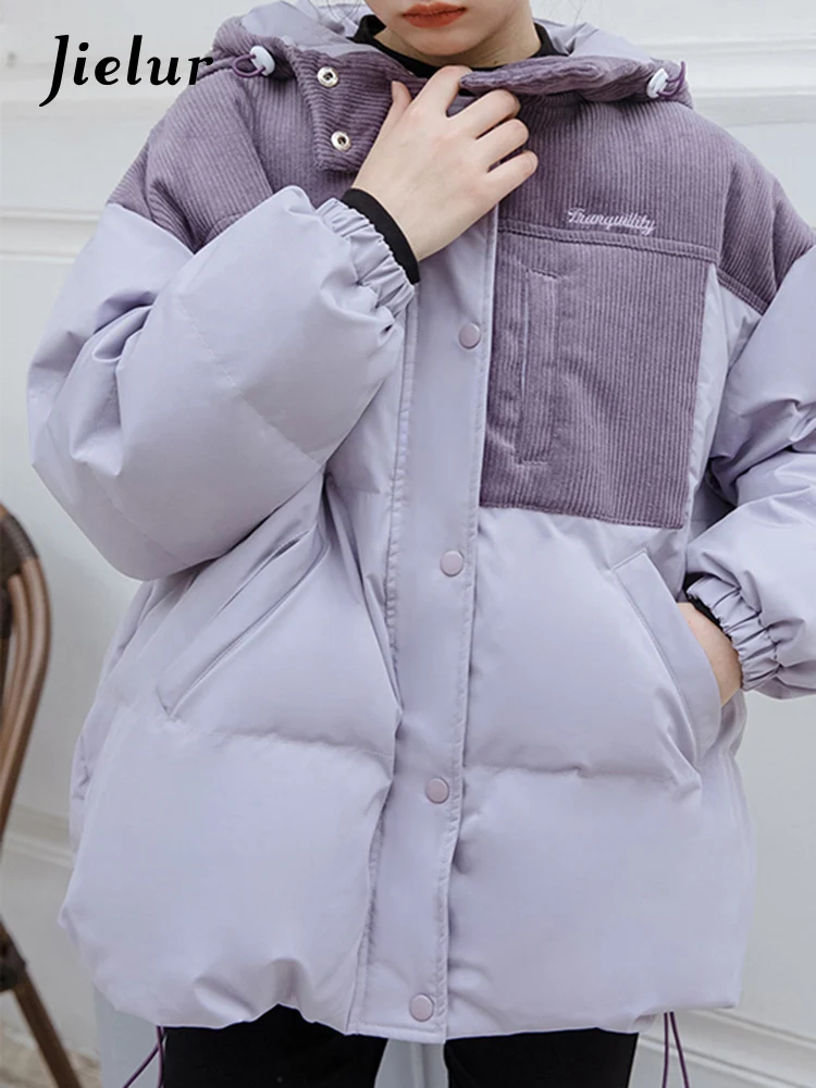 

Jielur Purple Spell Color New Loose Women Parkas Winter Thick Hooded Casual Drawstring Chic Female Parkas Single Breasted Coats