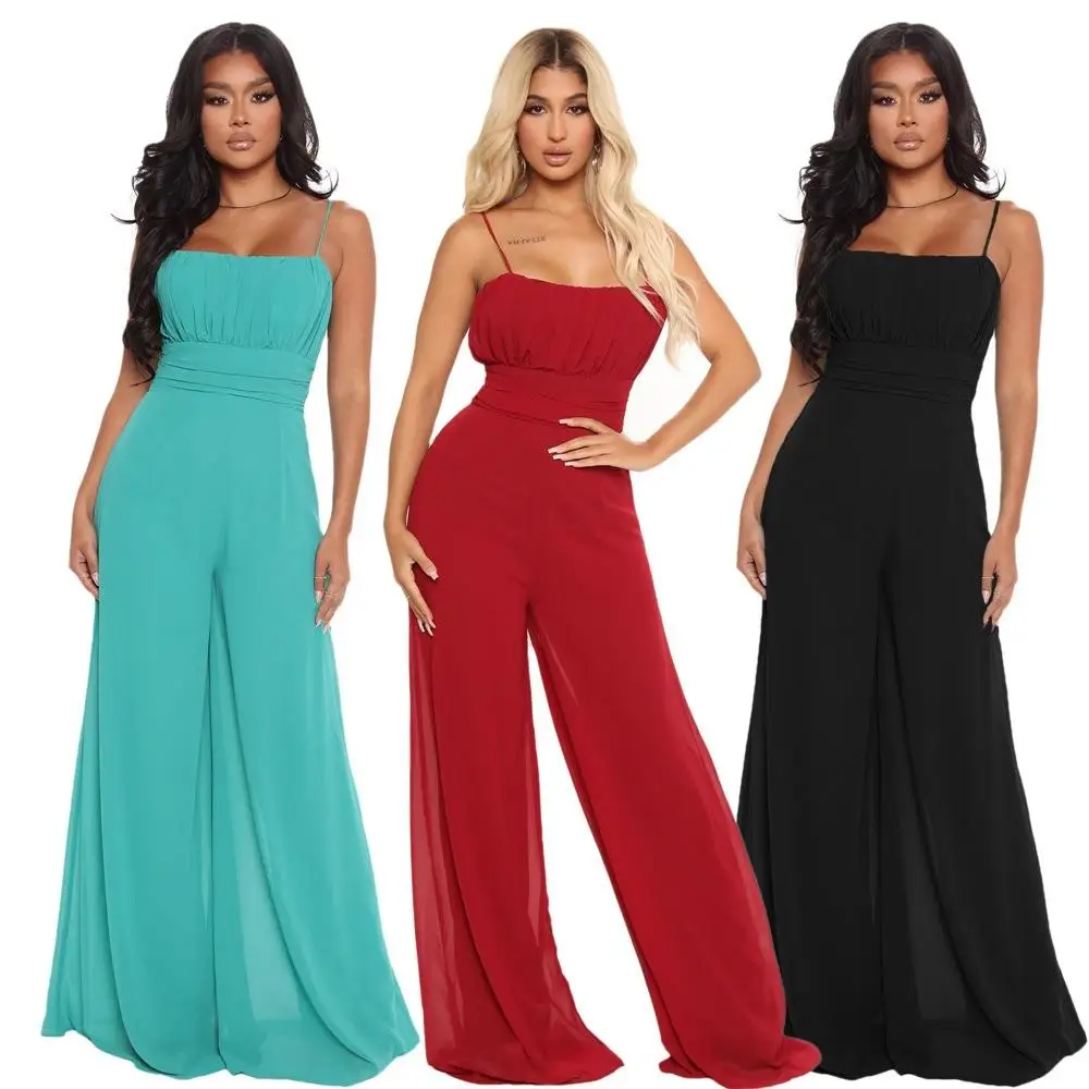 

Elegant High-Waist One-Piece Dress Women's Romper Chiffon Strap Pure Color Casual Straight Leg Zipper Closure Mid-Aged Women