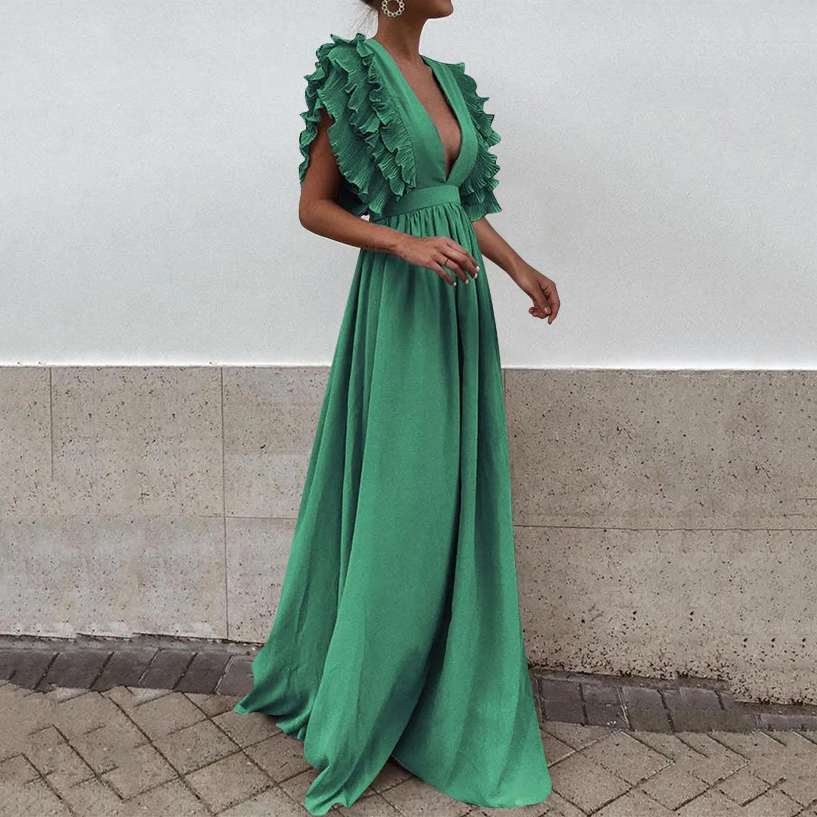 Formal Party Dress Women Sexy Deep V-Neck Long Dress Solid Color Elegant Flying Sleeves Backless Maxi Evening Dresses Robe