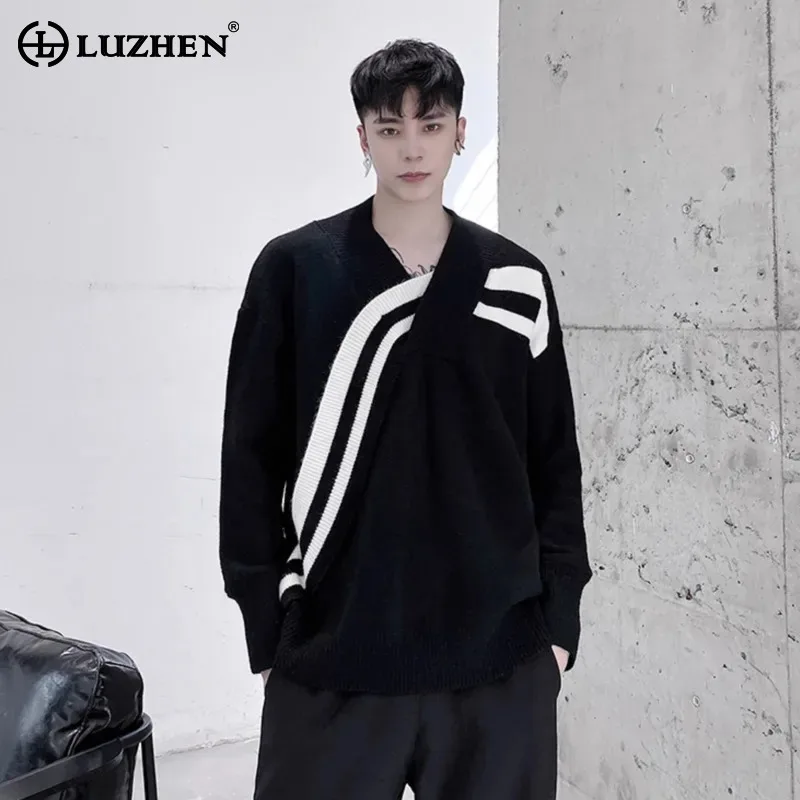 

LUZHEN вязаный цветной V-образный контрастный свободный дизайн пуловер в полоску мужская мода элегантный красивый повседневный свитер одежда JY5732