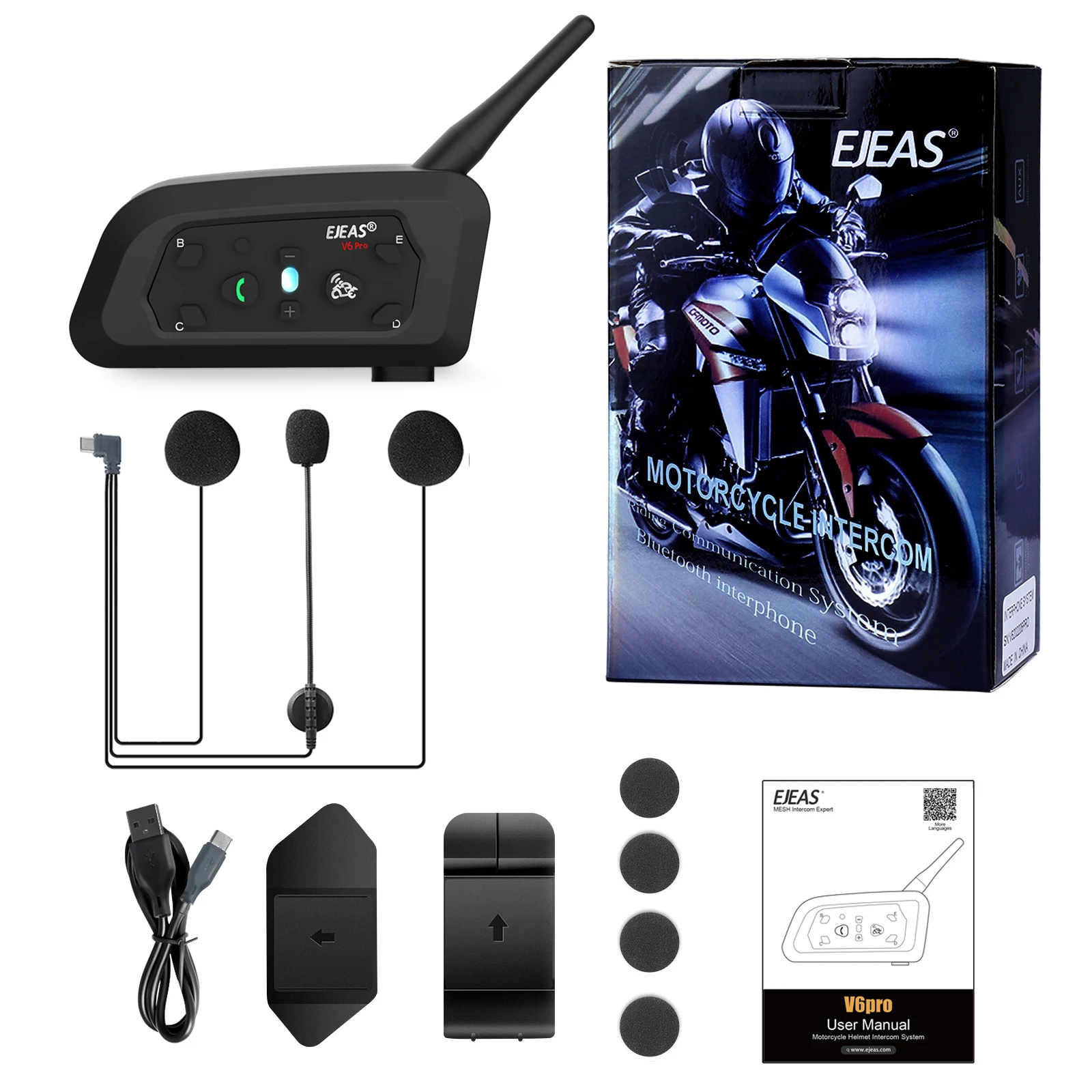 EJEAS V6 Pro 4 PCS Bluetooth Motorcycle Helmet Intercom 6Riders Waterproof Communicator Full Duplex with FM Radio Referee Skiing