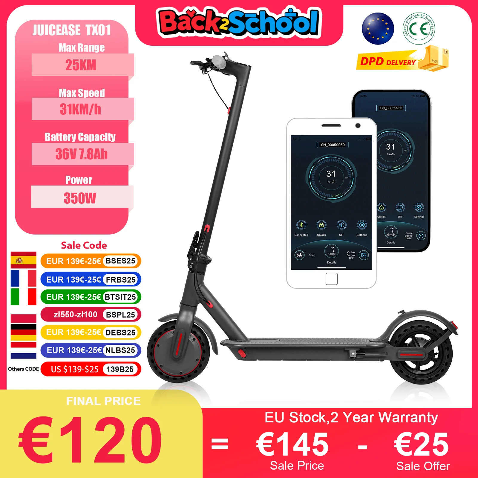 2025 JUICEASE TX01 Scooter elettrico 350W motore 36V 7.8Ah 25 KM gamma 31KM/ 8.5 pollici pneumatici con APP pieghevole adulto Kick I Scooter