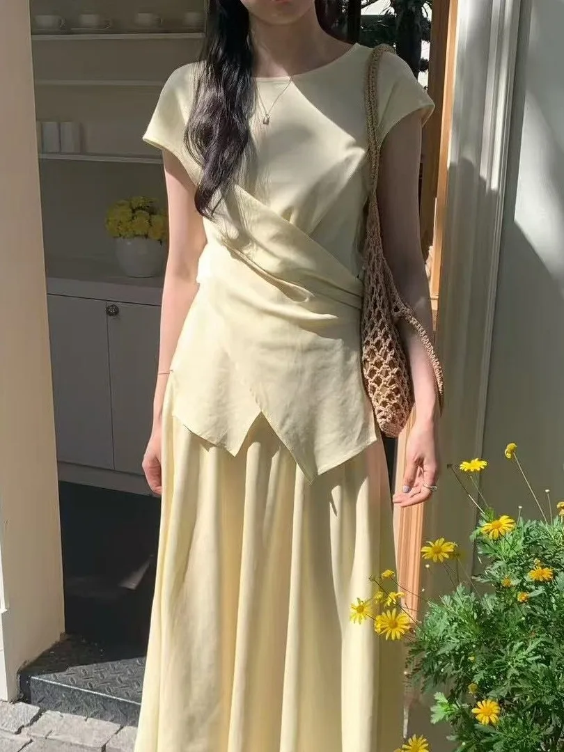 

Summer Faion Set Women's Korean Sle High Waist Slimming Skirt ort Sve Tie Top And f-length Skirt Two-piece Suit