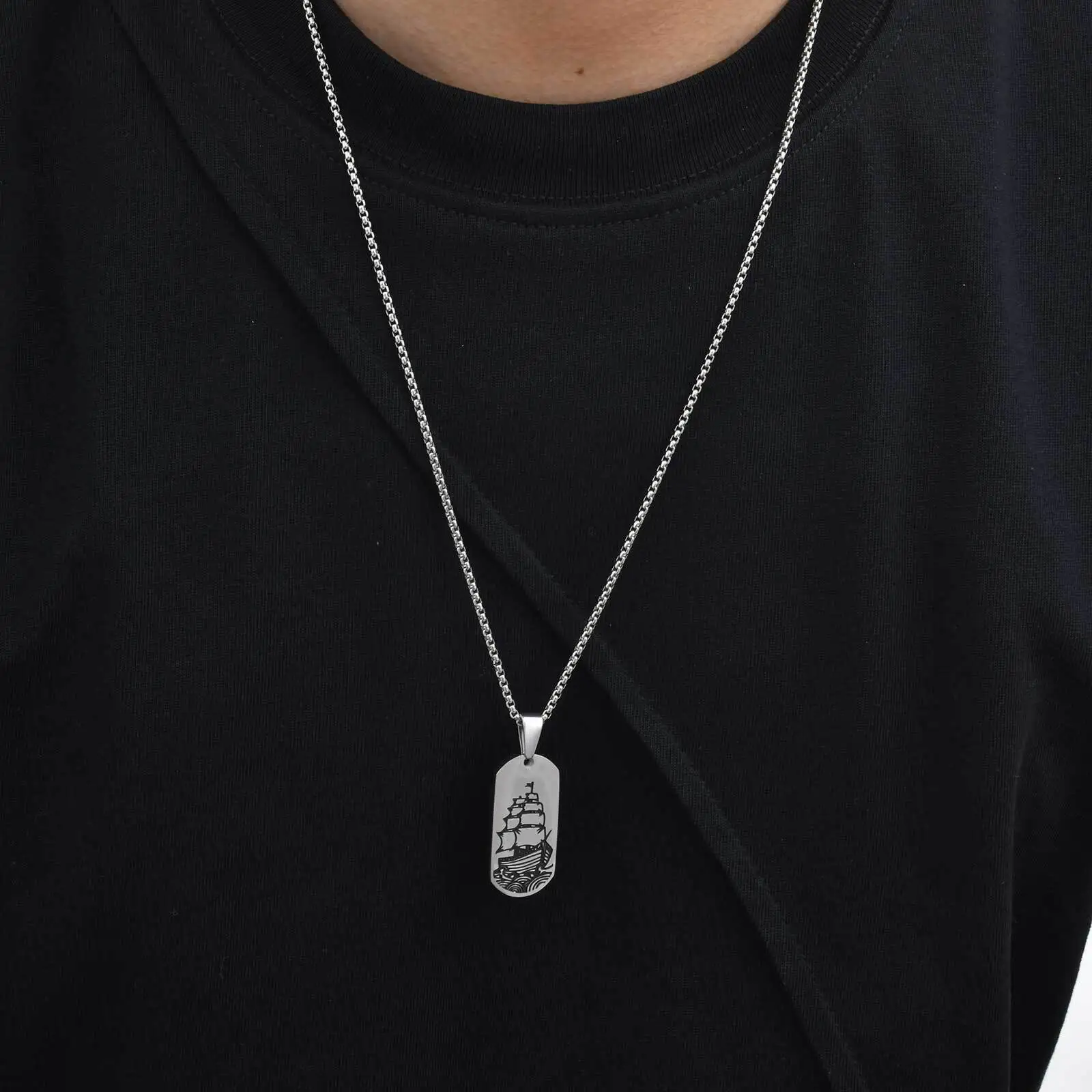 Punk-Seewellen-Erkennungsmarken-Halskette für Männer, Edelstahl, schwarzes Öl, Segelboot, Militär-Anhänger, Geschenk für Ehemann, Sohn, Vater – Detail 4