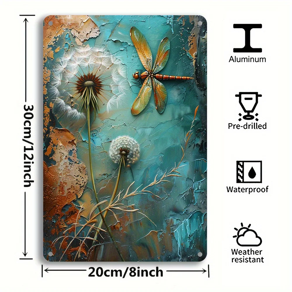 Dandelion Dragonfly Vintage โลหะแผ่นเหล็กเหล็ก Wall Art ตกแต่งเหมาะสําหรับตกแต่งกลางแจ้งในร่มขนาด 8x12 นิ้ว