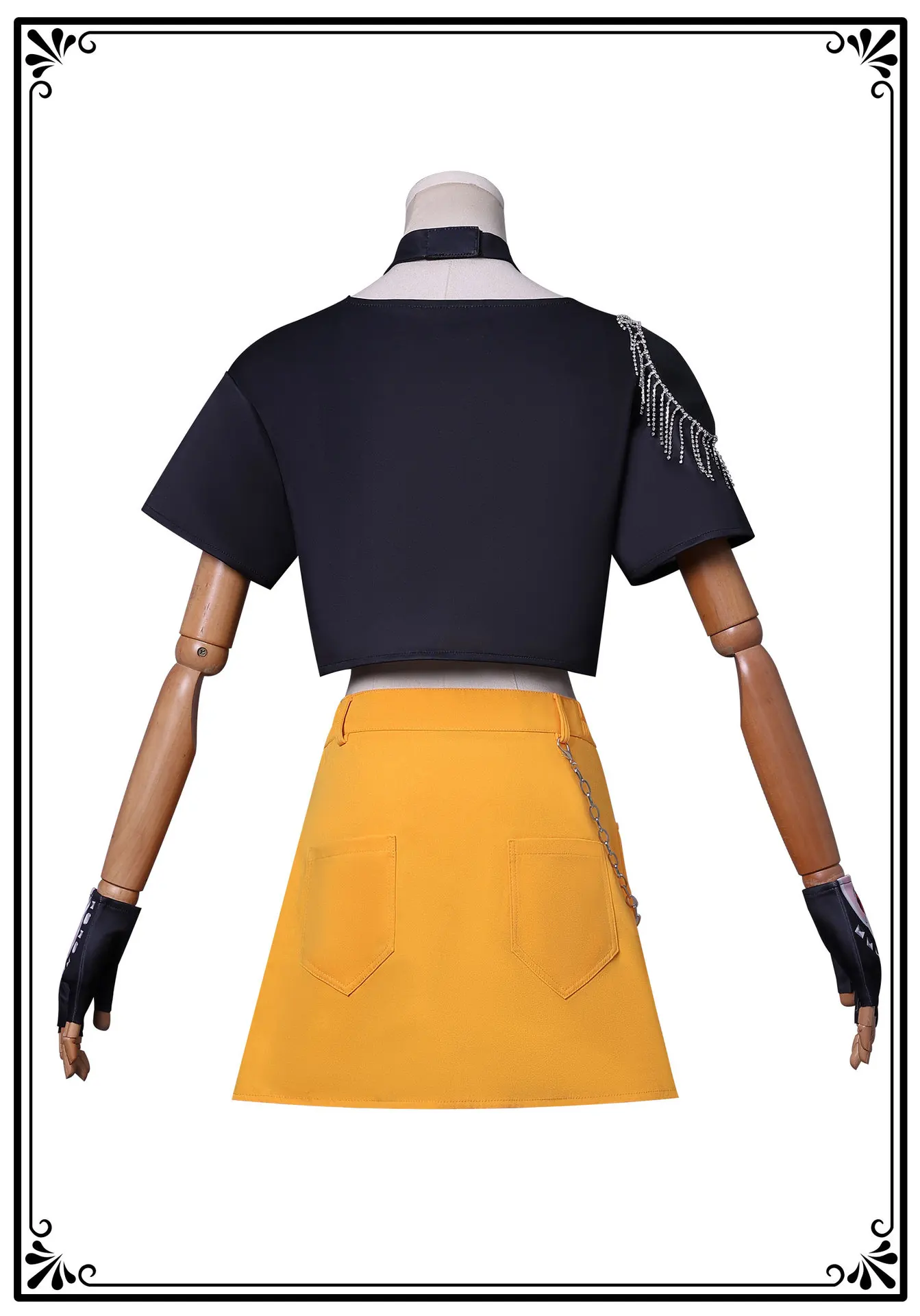 Mira Cosplay Kaus Lengan Pendek Hitam Kostum Rok Kuning Wig Merah Pakaian Pesta Mewah Halloween Natal Wanita untuk Anak Perempuan