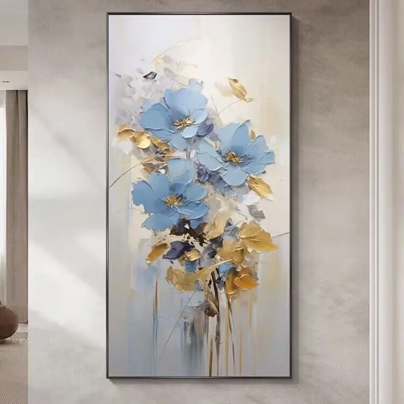 

Modern Light Luxury Living Room Floral Decoration Painting Abstract Blue Flowers Hand Drawn Oil Painting Living Sofa And Bedroom