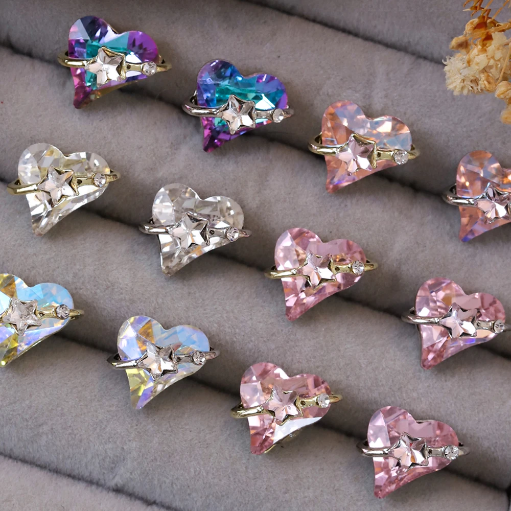 10pcs Alloy Starlight Nail Art Charm 3D Luxury Alloy Star Knot Crooked Heart Crystal Nail Decor Parts DIY Love Nail Accessories