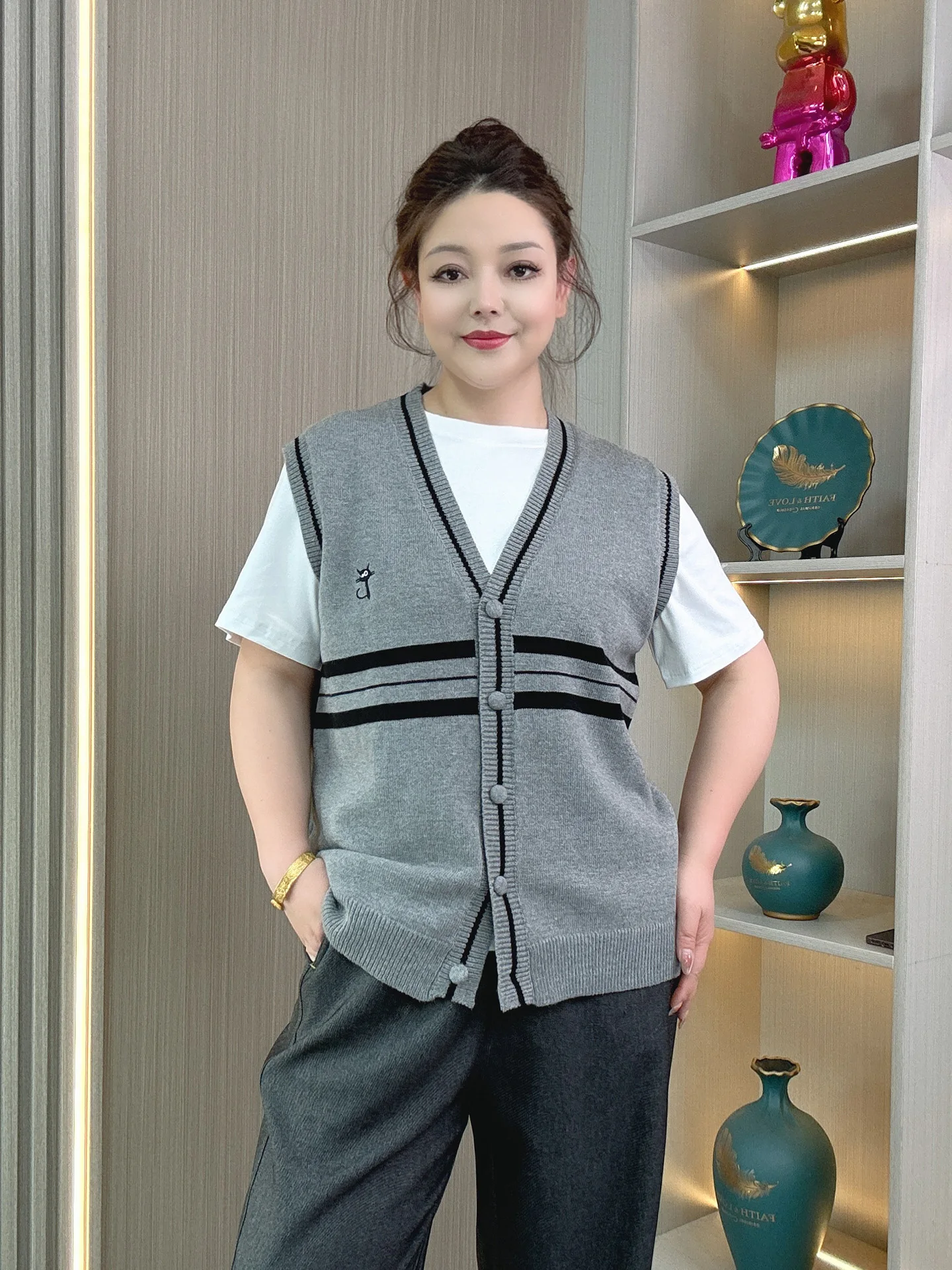 

Loose Knitted V-Ne Striped Vest Women's Spring Faion plus Size Slimming Layering College Sle Bal Svel Top