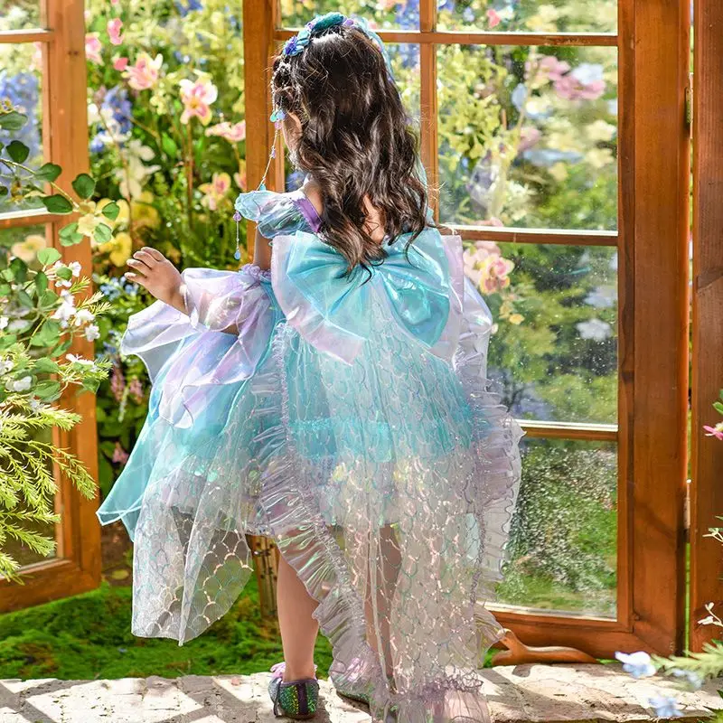 Summer Backless Lolita Ball Gown Dress Girls Kids Sets Princess Shiny Dress Birthday Party Childrens Gauze Clothing Bow Sundress