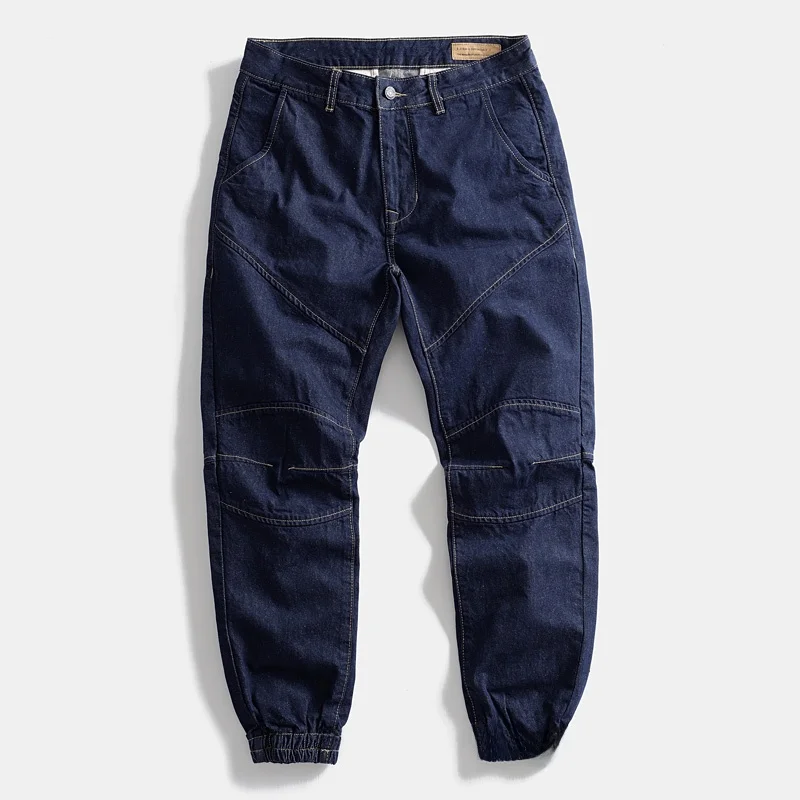 

Мужские джинсы в стиле ретро, свободные, из чистого хлопка, осенне-зимние, с манжетами, темно-синие, рабочие брюки