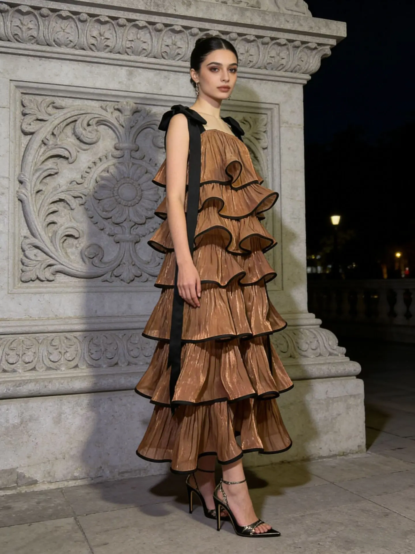 Vestidos longos de cetim com babados em camadas, mulheres, verão, pescoço quadrado, sem mangas, moda, alça com laço, roupões femininos, elegante, vintage