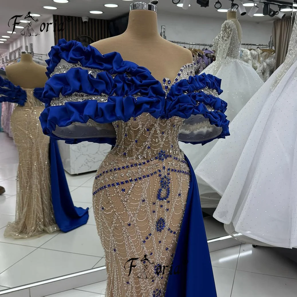 Elegant Blue Prom Dress 2025 Beads Crystal Ruffled Shoulder Formal Evening Gown Customized robes longues soirées élégante 2025
