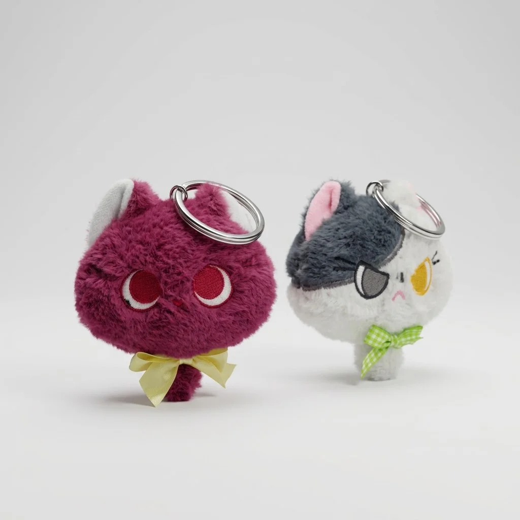 Cute Cat Plush Charm 2pcs Cat Ears Round Stuffed Keychain Soft Anime Bag Pendant School Bag Birthday Gift for Teens Fans
