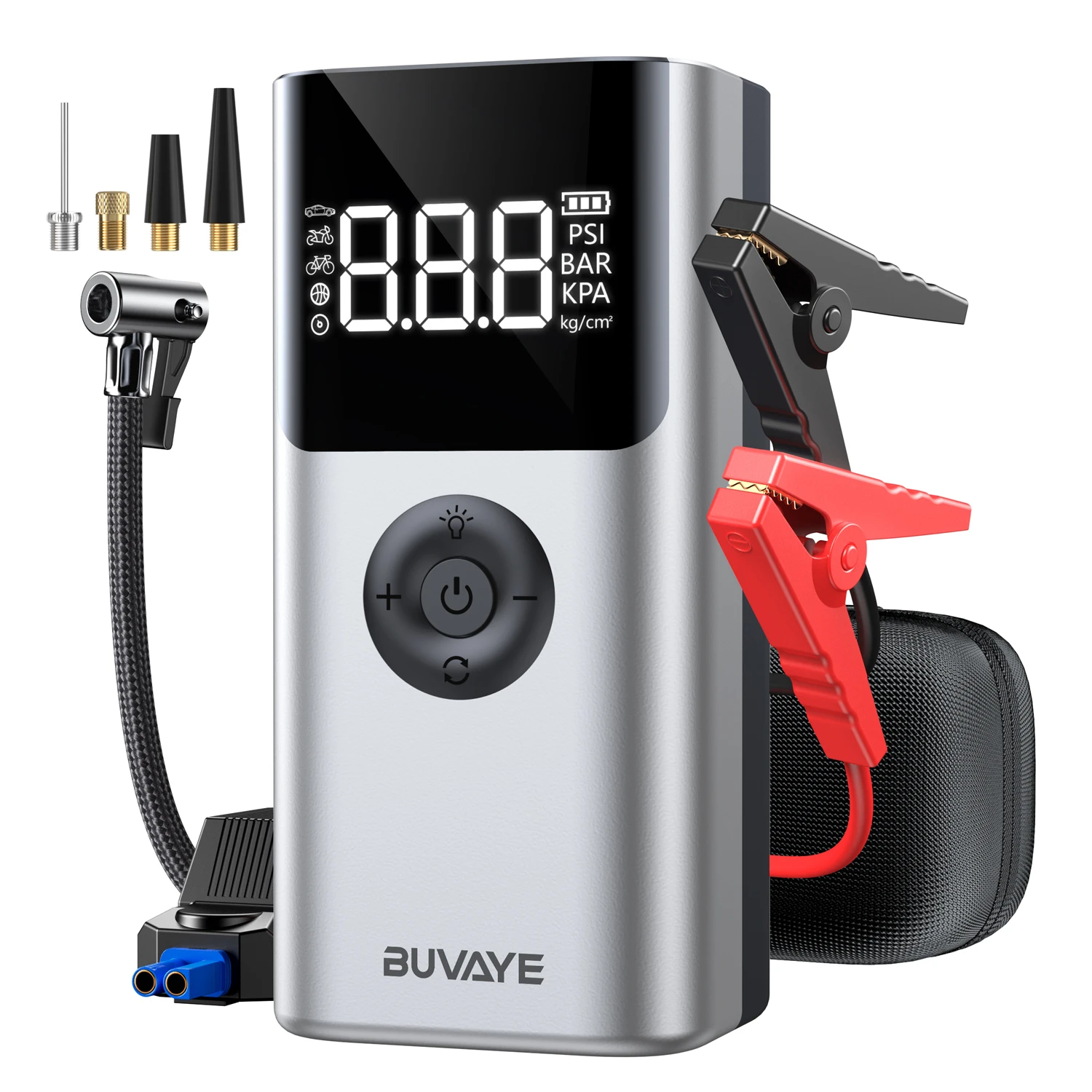 BUVAYE 2500A Car Jump Starter Power Bank Portable 150PSI Air Pump 12V Battery Booster for 8.0L Gasoline and 6.0L Diesel Engines