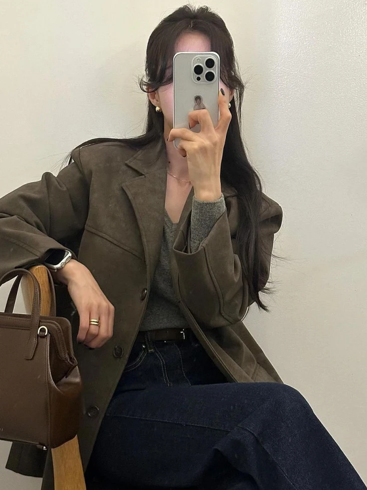 レトロシックなスエードスーツジャケット女性のシングルボタンシャツ韓国スタイル通勤長袖ピュアカラーファッショントレンド