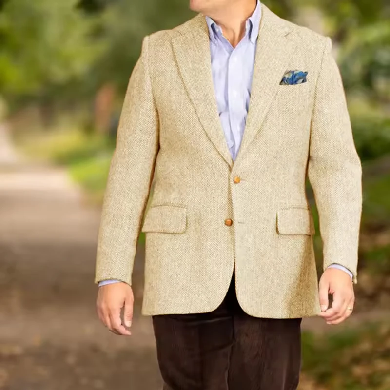 Chaquetas de traje para hombre, chaquetas de alta calidad para hombre, dos botones, bolsillos con solapa, tela en espiga, abrigo Social informal para hombre, nuevo