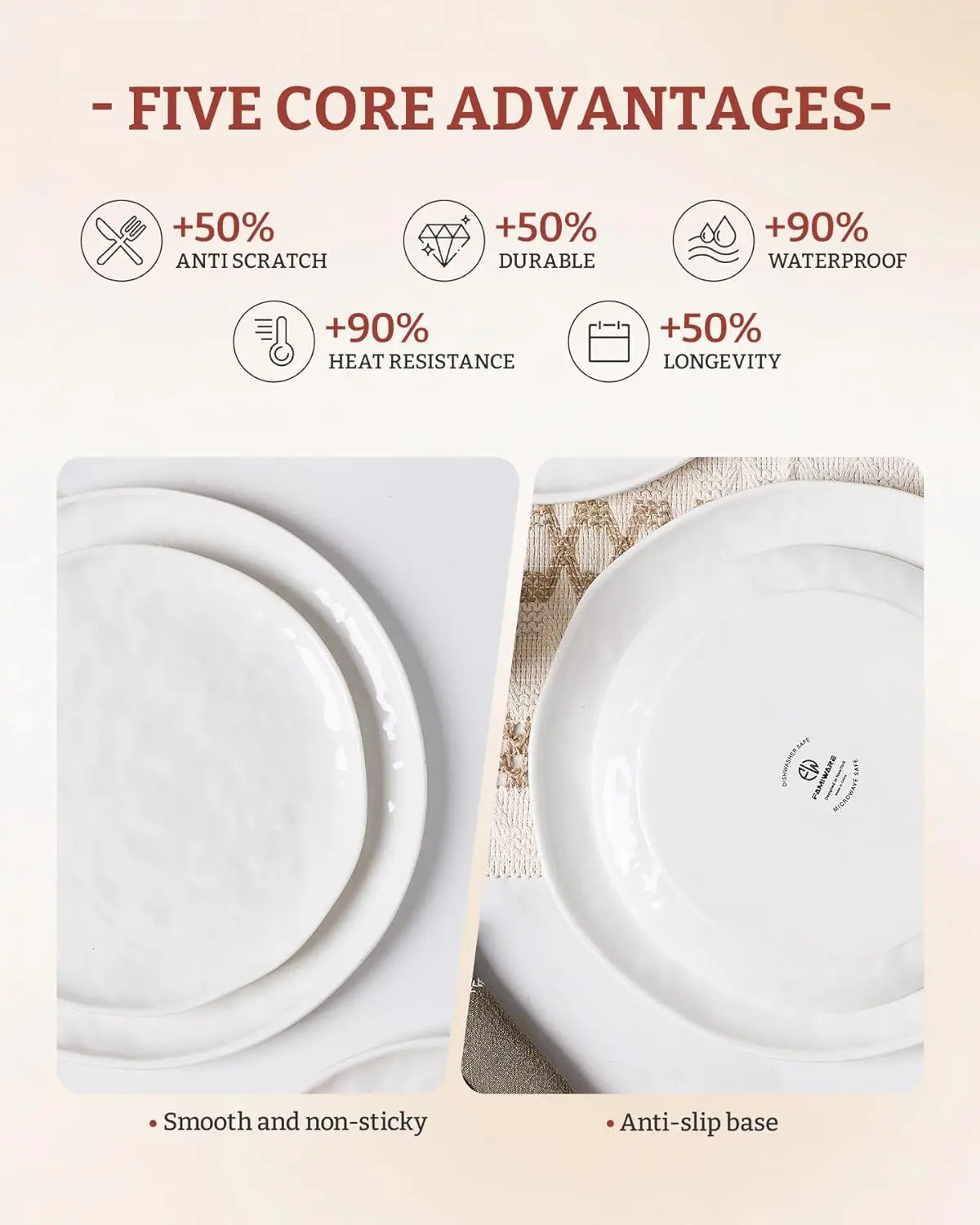 Porcelain Dinnerware Set for 6, Handmade Wave Edge Plates & Bowls, Microwave & Dishwasher Safe (24pc)