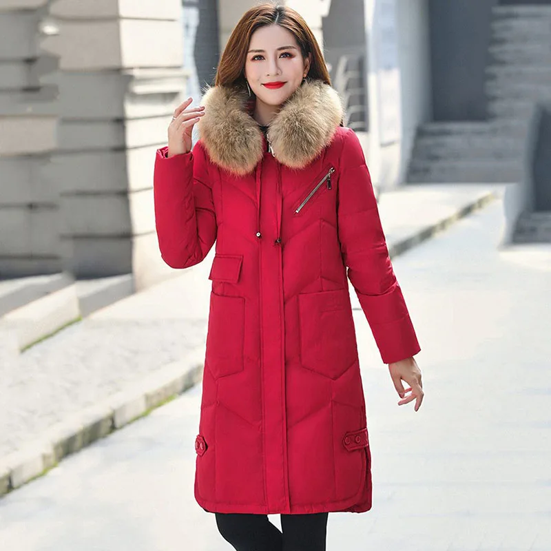 2023 Winter Fashion Hooded Down  Feminine Temperament Long Slim Warm Big Fur Collar White Duck Down Loose Coat Feminine .