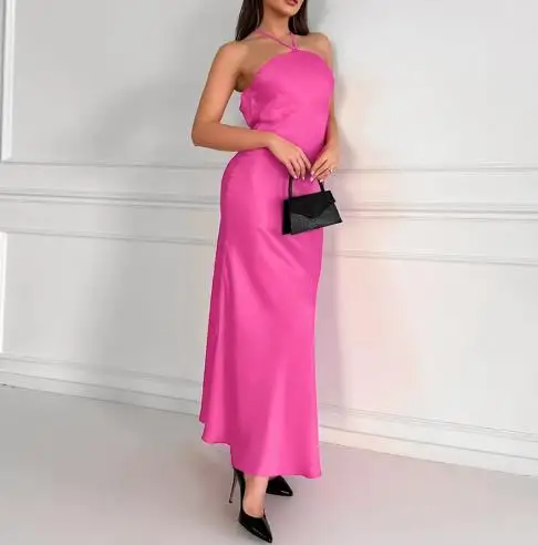 

2025 Fashion New Women's Sexy Sleeveless Hanging Collar High Waisted Satin Skirt Fishtail Skirt