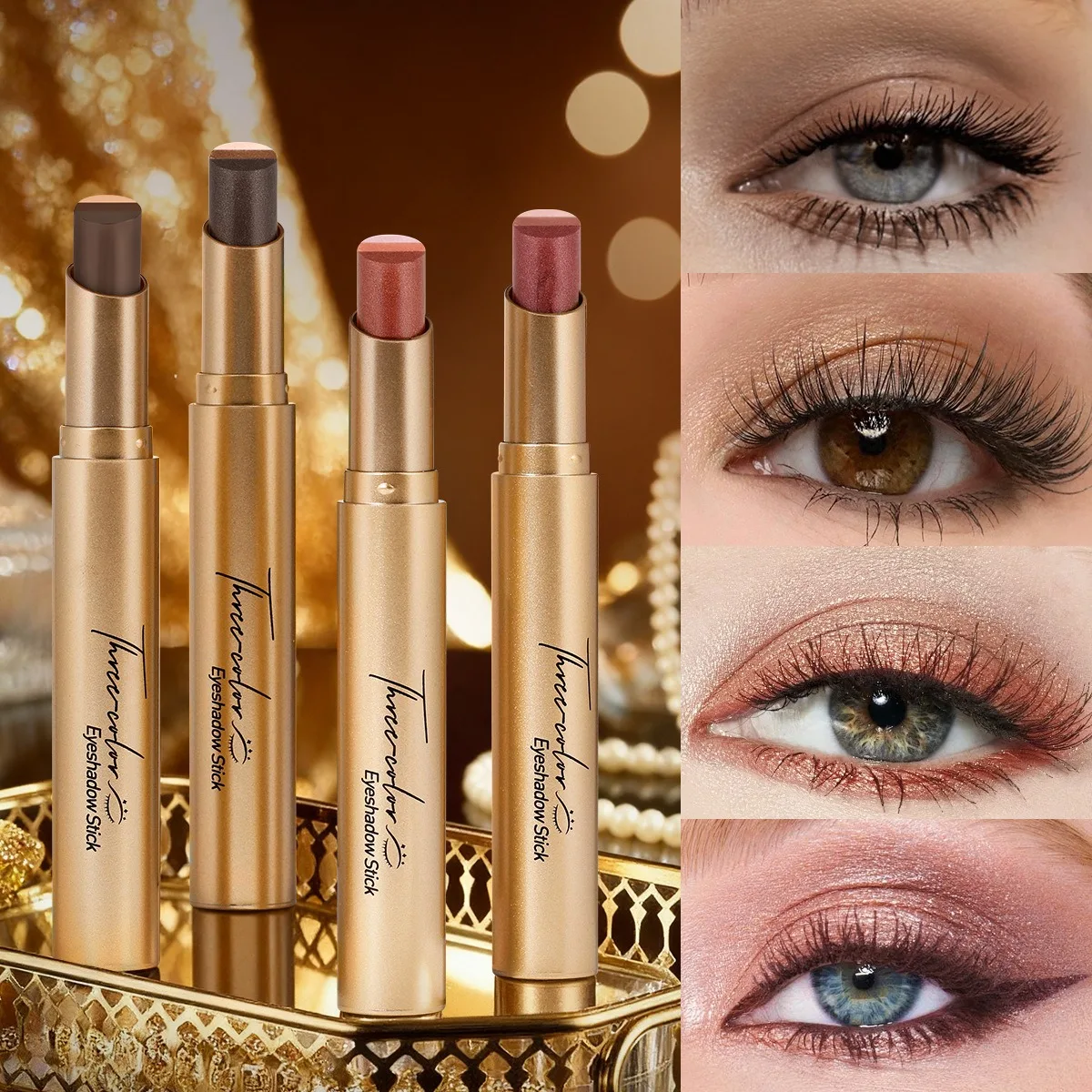 

3-in-1 Eyeshadow Stick Velvety Smooth Tri-Color Gradient Shimmer & Glitter Pearl Makeup on-The-Go Waterproof Essential Beauty