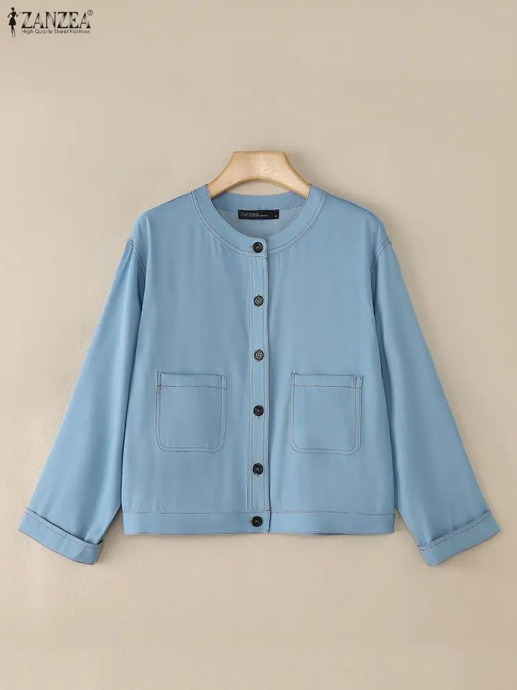 ZANZEA Kurtki damskie w stylu denim z kontrastowymi szwami, jesienne, lekkie, z długim rękawem, dekolt okrągły, zapinane na guziki, odzież wierzchnia, rozmiary S-3XL