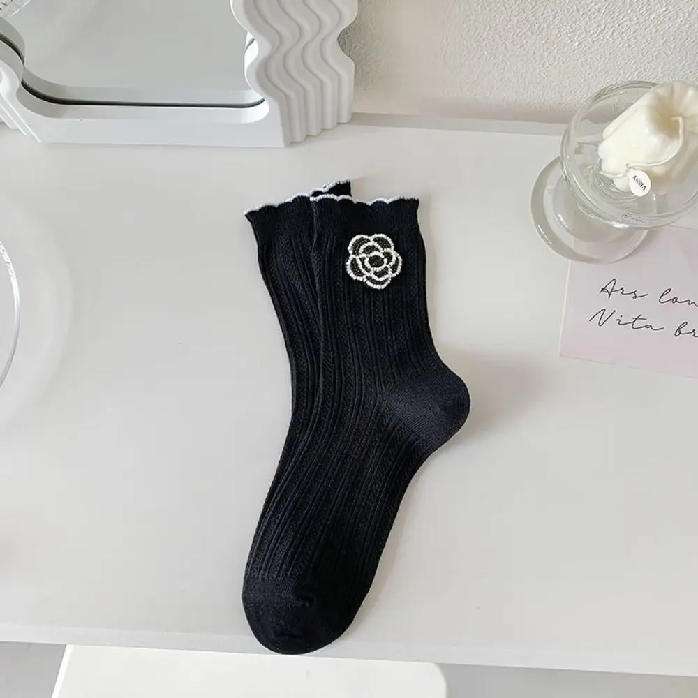 Soft Warm Flower Ruffle Thick Trendy Sweet Cotton Hosiery Middle Tube Korean Style Socks Women Camellia Socks