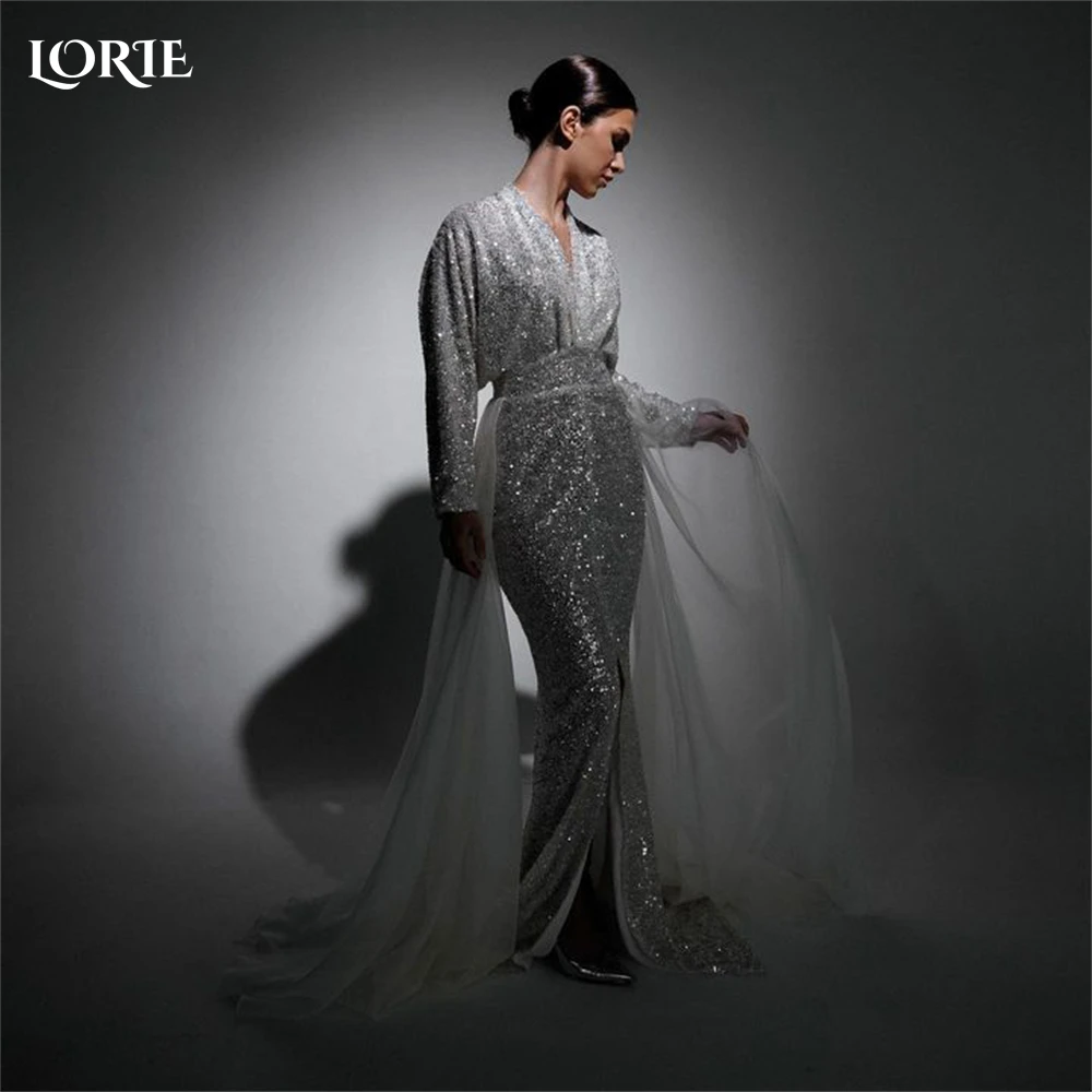 

LORIE Luxury Glitter Mermaid Wedding Dresses Deep V-Neck Long Sleeves Shiny Bodycon Bridal Gowns Sparkly Beach Bride Dress 2023