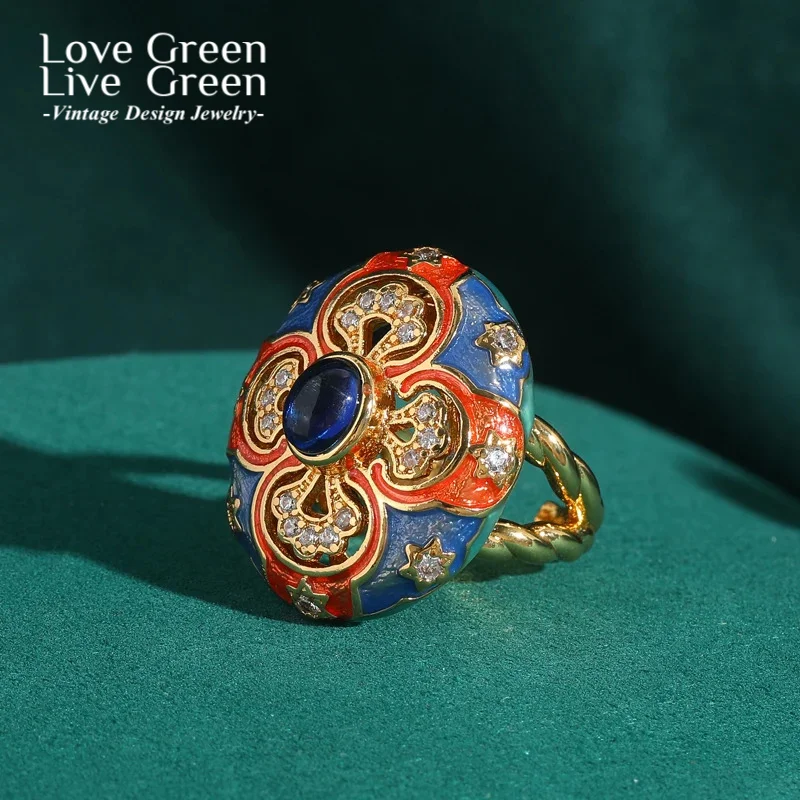 

Vintage Enamel Ring Luxury Designer Brand Rhinestones Flowers Carving Gold Color Wedding Colorful Retro French Palace Jewelry