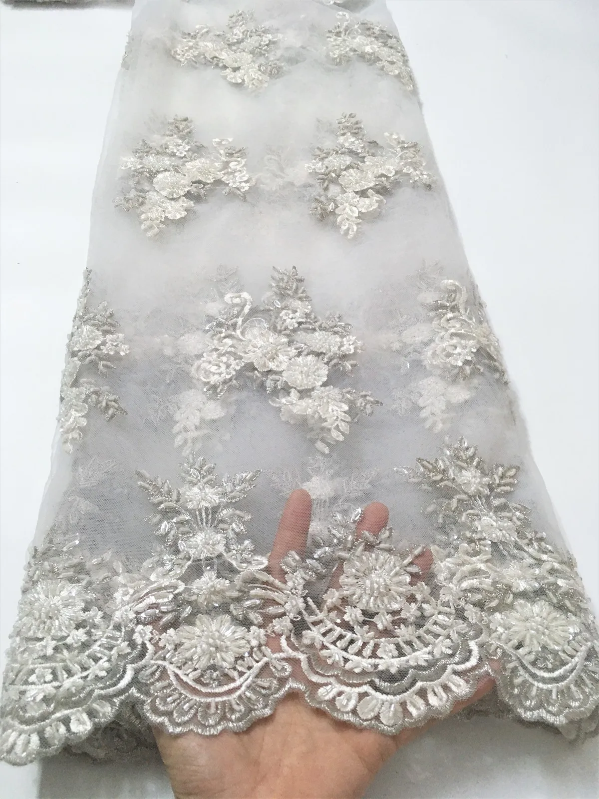 Luxury Handmade Beaded Applique Bridal Lace Fabric Silver Embroidery Flowers and Leaves Sequins High-end Dress Fabric Lace LW013