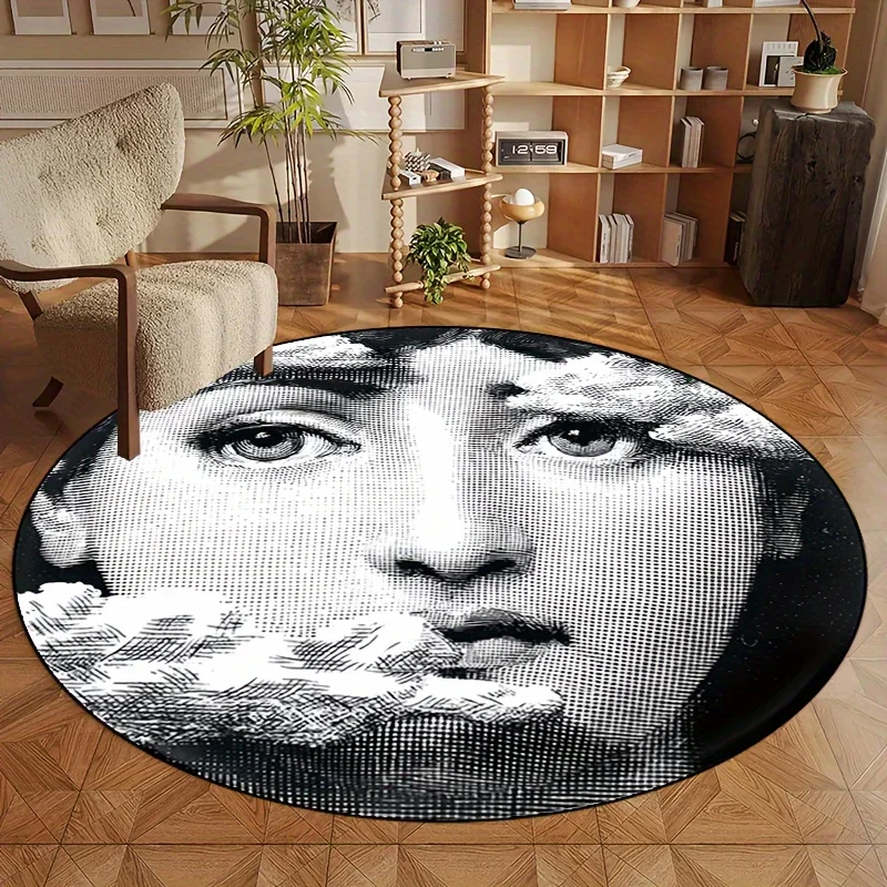 Black White Surrealist Portrait Round Area Rug Non Slip Machine Washable Entryway Living Room Bedroom Patio Decor Carpet