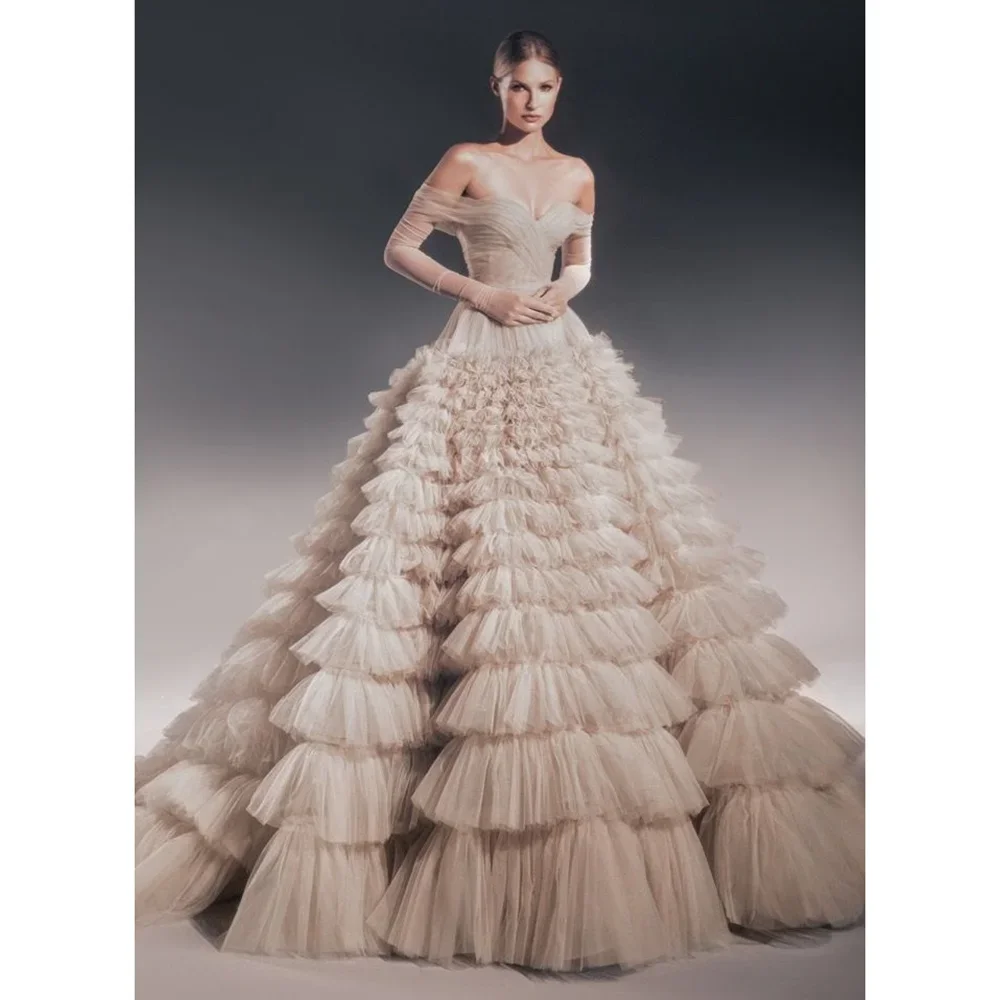 

Elegant Tiered Pleat Tulle Fluffy Evening Dress Champagne Fashion Draped Sweep Train A-Line Party Gowns Birthday Prom Dresses