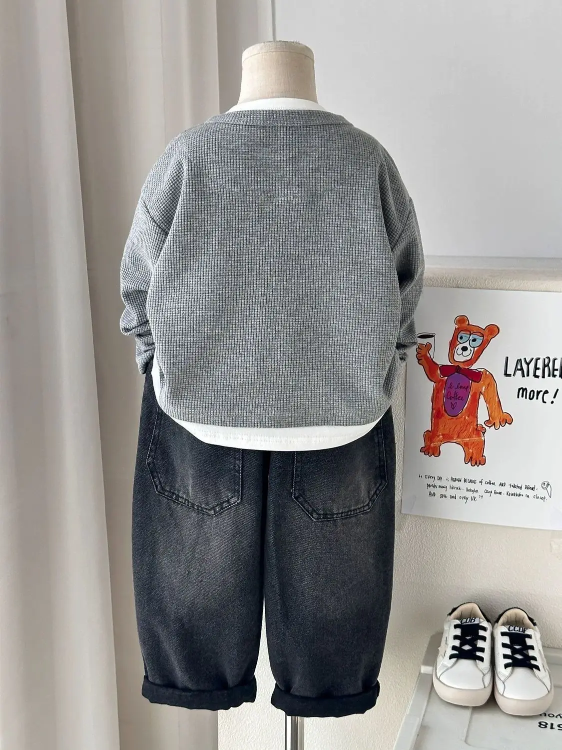 Kids Boys Waffle Grid Long Sleeved V-neck T-shirt Spring Autumn 2026 Pullover Cotton Hoodie Kids Handsome Fake Two Items Tops