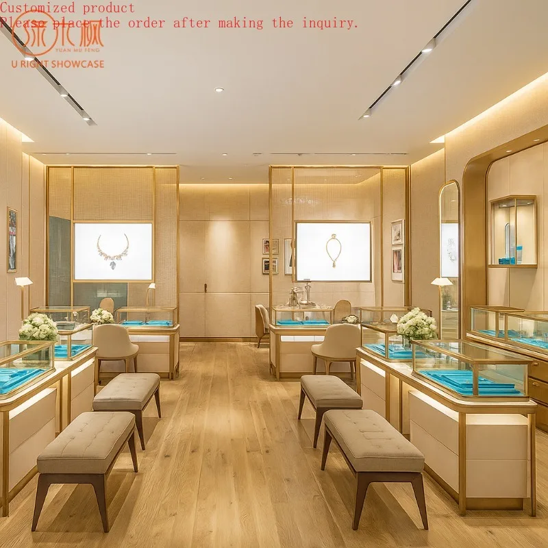 

Custom.Custom Jewelry Display Cabinets with Gold Accents and Symmetrical Layout | Modern Luxury Style for High-End Boutiques