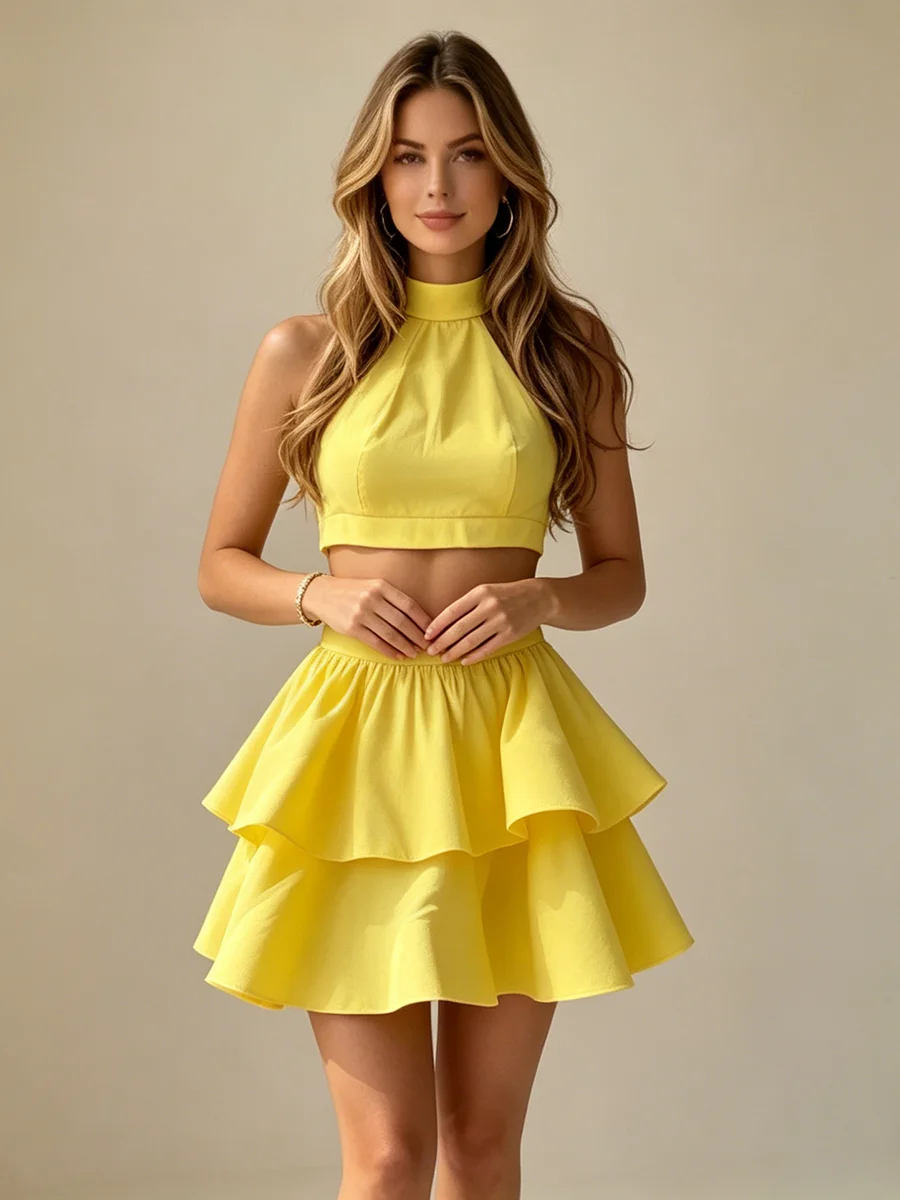 

LIMO 2026 New Women's Yellow Halter Crop Top + Ruffle Layer Skirt 2-Piece Summer Set