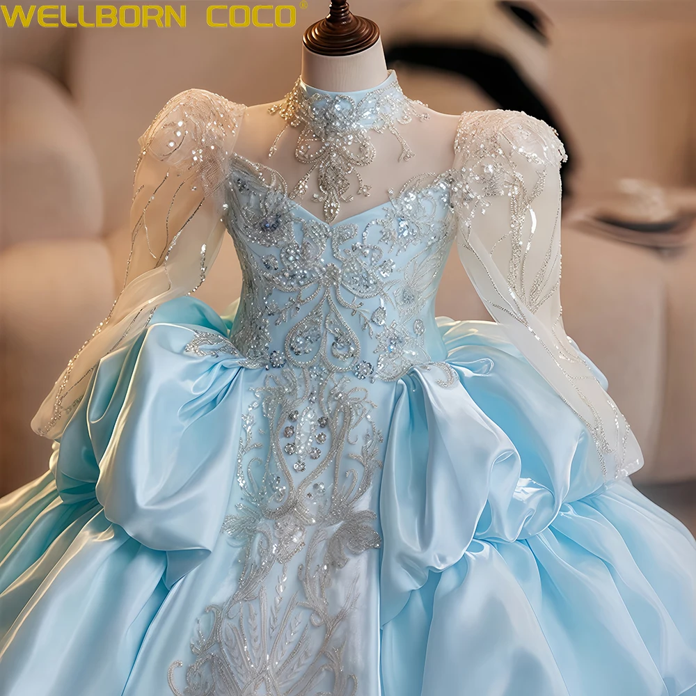 Abiti da ragazza di fiore blu per applicazioni di nozze Splendido bambino Eventi formali Abito da festa da sera Abito da compleanno principessa di lusso