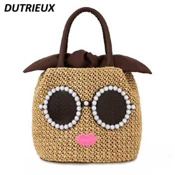 Japanese Style Sweet Cute Cartoon Pearl Embroidered Lips Straw Woven Bag Female Casual Hand Carry Lunch Bags for Women