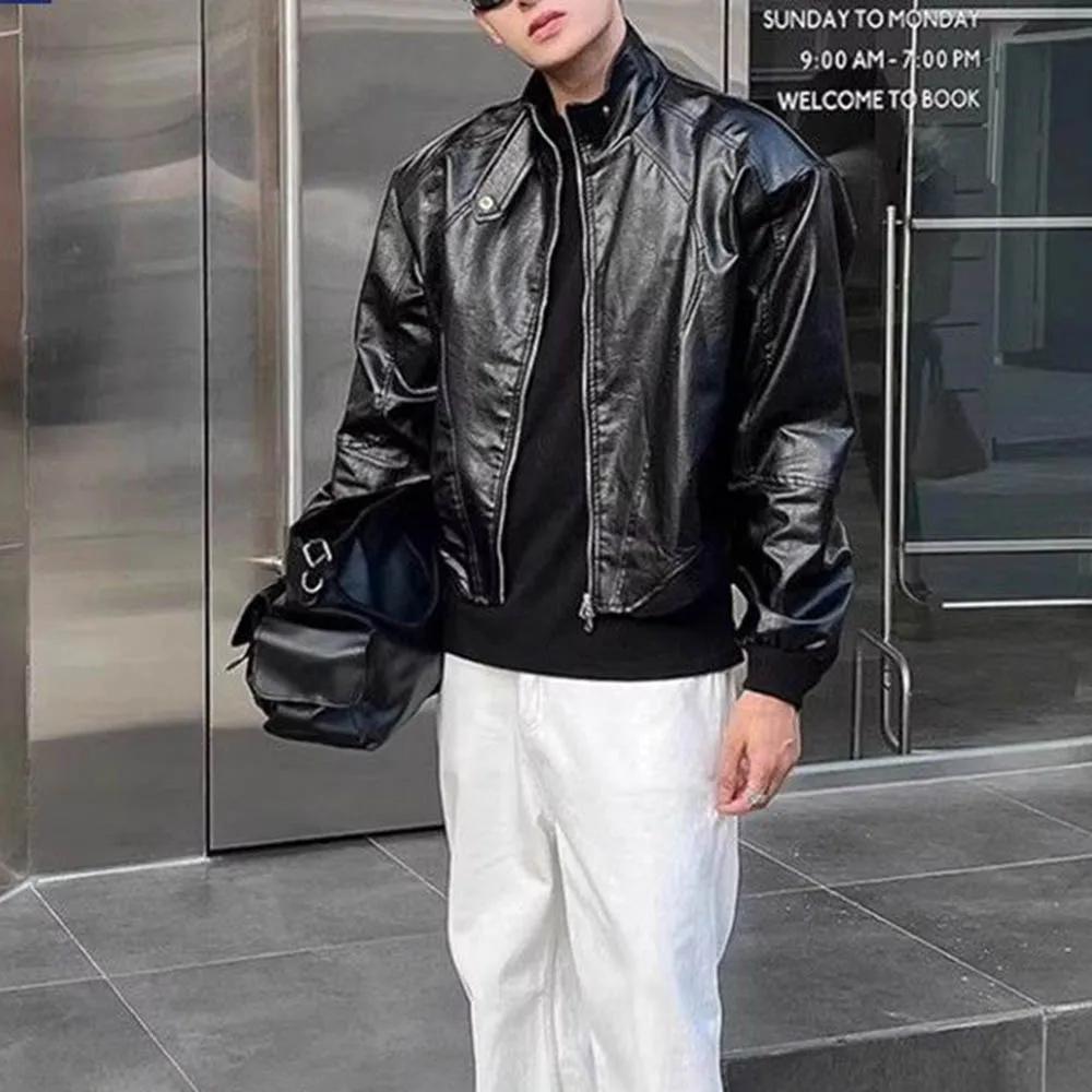 

Мужская короткая куртка из искусственной кожи с длинными рукавами, американский ретро-модный тренд, уличный хип-хоп, свободные повседневные нишевые осенние мужские топы 2025