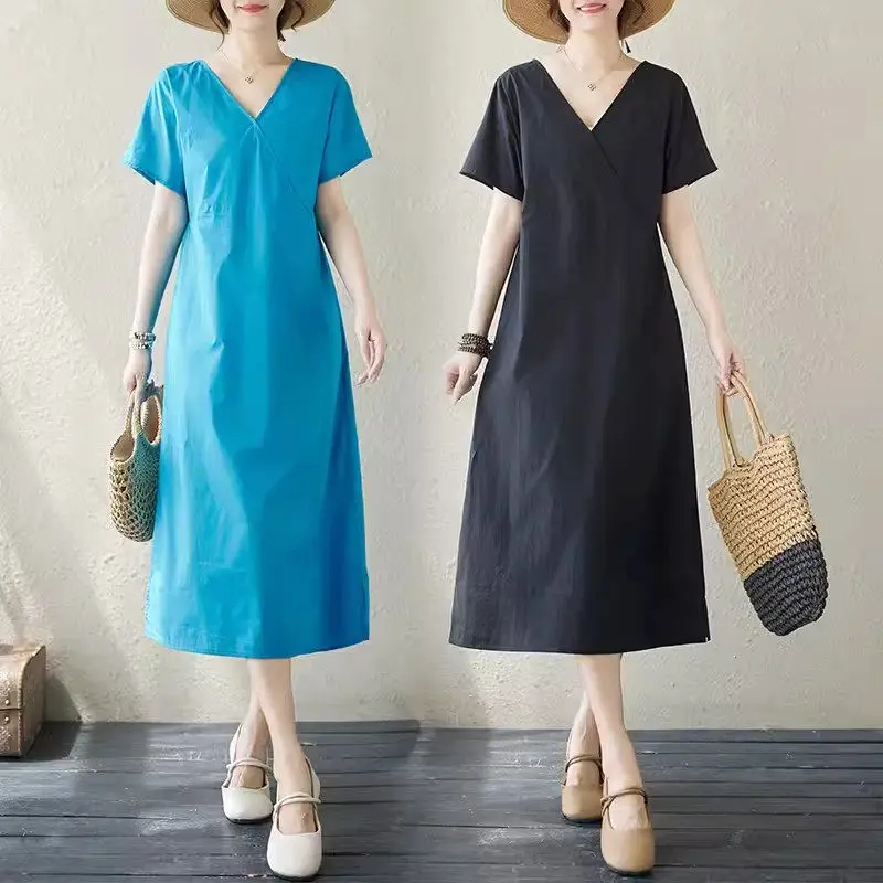 

Summer New Casual Short Sleeve Dress 2024 Women's Solid Color Loose V-Neck Dress Midi Vestidos K1130