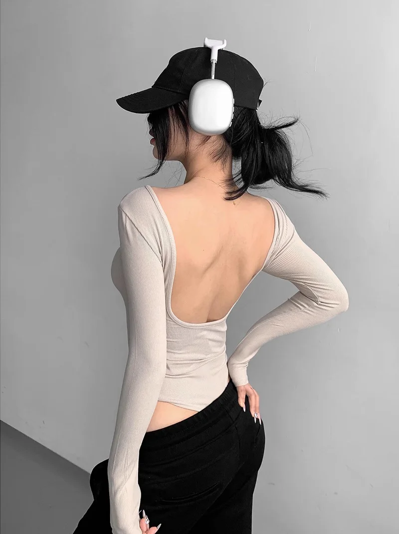 Spicy girl sexy backless tight fitting jumpsuit women's elastic slim fit solid color long sleeved T-shirt V902