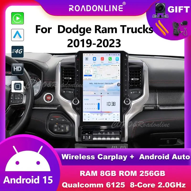 Android 15 Auto-Headunit für Dodge Ram Trucks 1500 2500 3500 2019-2023, kabelloses CarPlay, Auto-GPS-Navigation, Stereo-Player