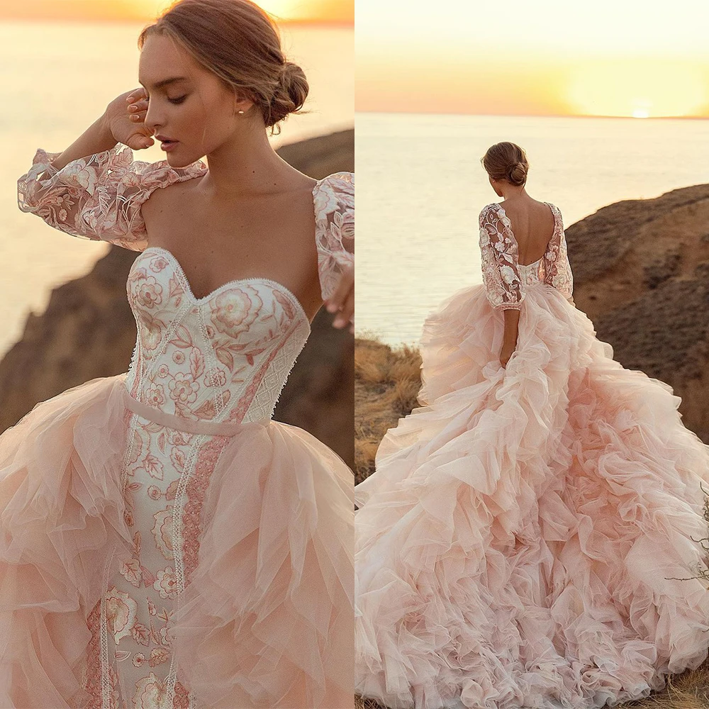 Strapless Lace Appliques Wedding Dress Detachable Train Backless Custom Made Puffy Tulle Dreamy Bridal Dresses Robe De Mariée