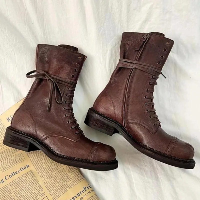 Designer Luxury Brand Boots Women Side Zipper Mid Heel Lace-up Round Toe Female Shoes Runway Solid Color women Motorcycle Boots