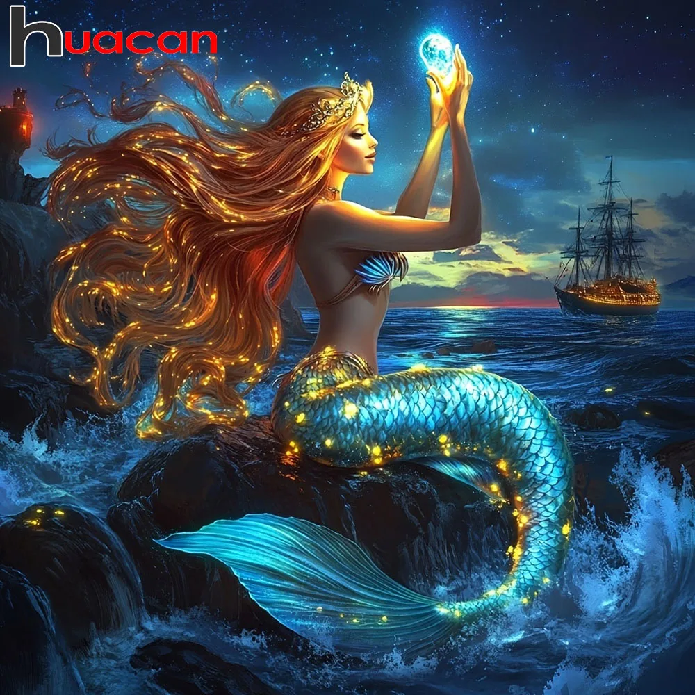 Huacan Diamant Malerei Meerjungfrau Wellen Segelboot Voll Platz Runde Diamant 5D DIY Stickerei Strass Bilder Handgemachtes Geschenk