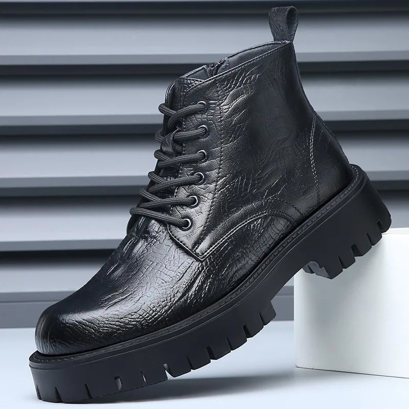 Genuine Leather Boots Men's Fleece-lined High-top Motorcycle Shoes Work Boots Height Increasing Thick Sole Mid-top Cotton Boots