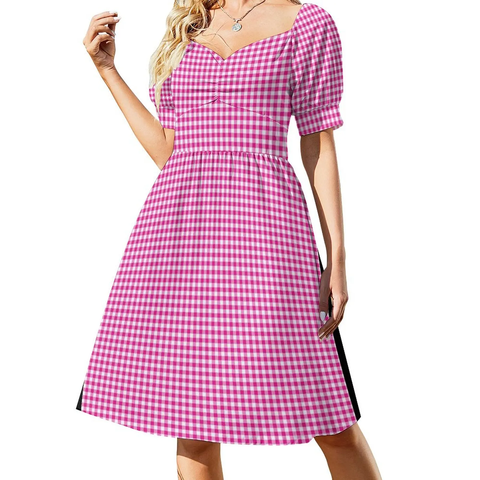 Fuchsia White Gingham Check Short Sleeved Dress chic and elegant woman dress Prom gown Dress